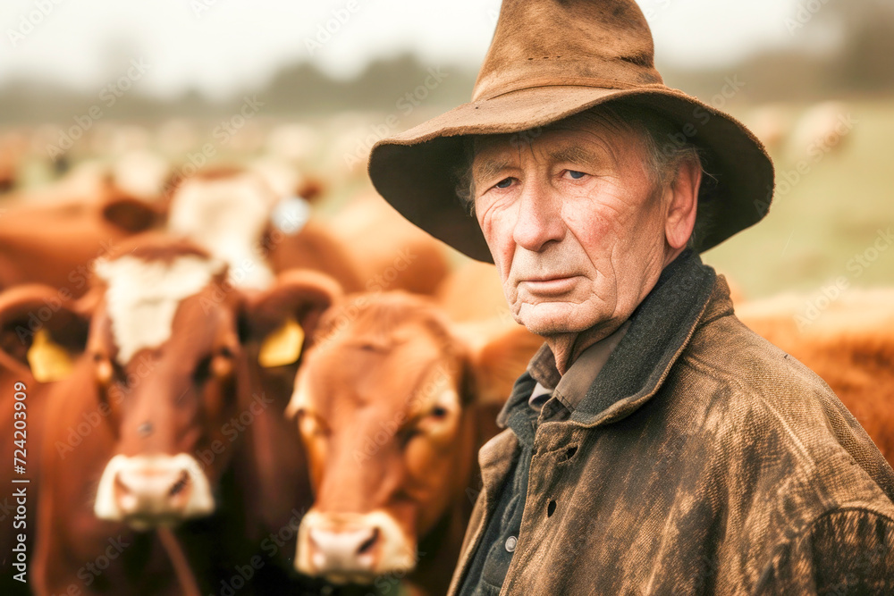 a farmer, surrounded by his rest of the herd of cows on the farm,