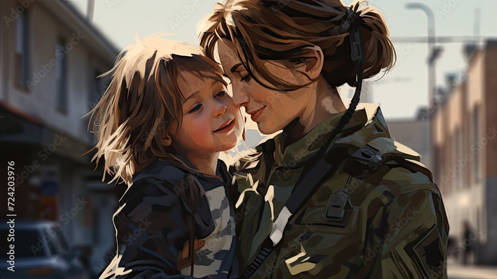 Fototapeta premium a mother in army uniform and her daughter on the street, showcasing the strength, love, and sacrifice within military families, highlighting the dual roles of protector and parent.