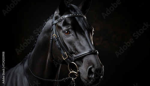 Beautiful black stallion in nature, ready for equestrian competition generated by AI