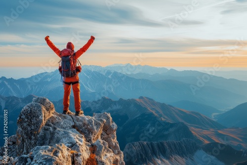 A hiker standing atop a mountain with arms raised in celebration