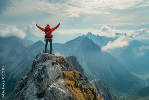 A hiker standing atop a mountain with arms raised in celebration