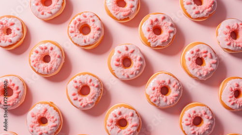 Donuts Captured from Above on a Pink Table: Tempting Treats and Colorful Delights in Bird's-Eye View