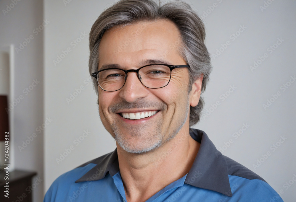 smiling Middle-aged guy with eyeglasses and blue shirt at home smiling Middle-aged guy with eyeglasses and blue shirt at home