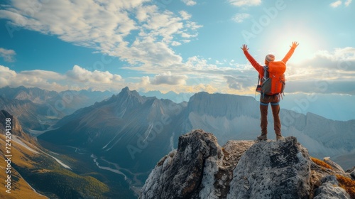 A hiker standing atop a mountain with arms raised in celebration