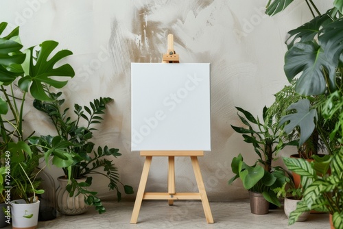 A white canvas mockup on a wooden easel, set against an indoor garden backdrop