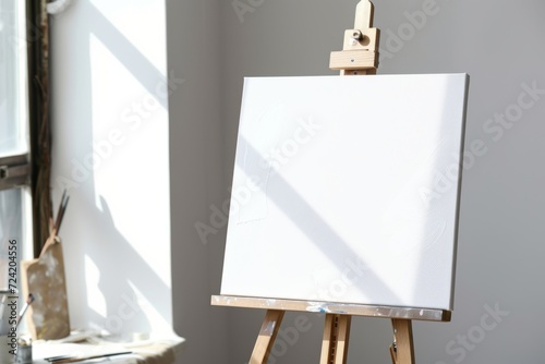 White canvas mockup on a wooden easel basking in natural light, casting soft shadows on a clean wall