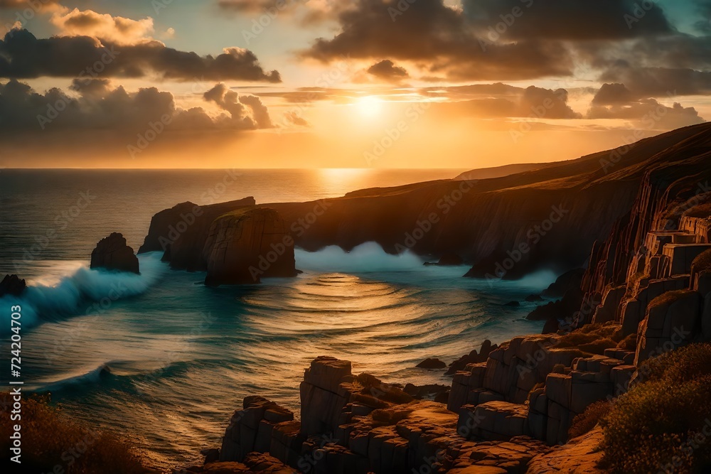 A serene landscape along the Atlantic Ocean, the sun rising in a burst of colors, illuminating the coast and casting a magical light on the surroundings