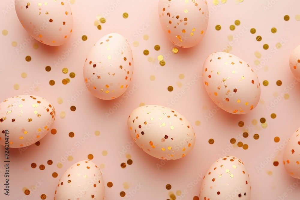 Easter eggs in the color of the year, peach fuzz, lie on a pale peach background, all decorated with beautiful gold flecks