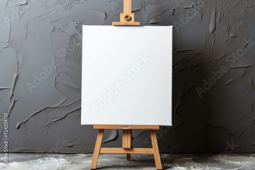 Blank canvas mockup on wooden easel in grey wall room, closeup