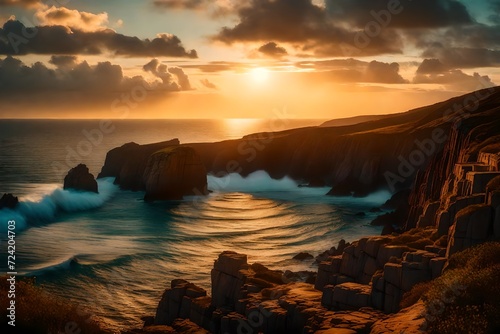 A serene landscape along the Atlantic Ocean, the sun rising in a burst of colors, illuminating the coast and casting a magical light on the surroundings © AiArtist