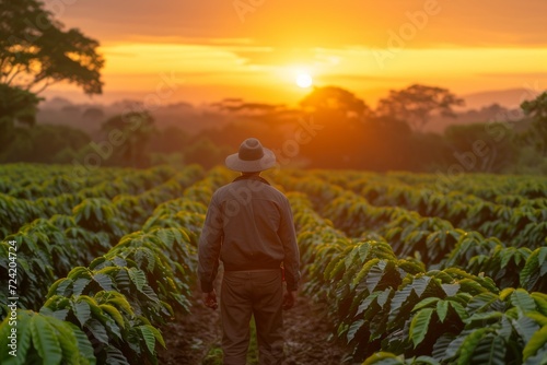 A Gentleman Wearing a Hat Taking a Walk Through a Coffee Field During Sunrise © olegganko