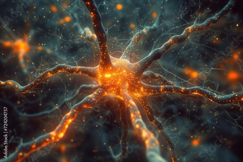 Neurons of the brain and processes actively occurring in them, highlighted in orange neon light
