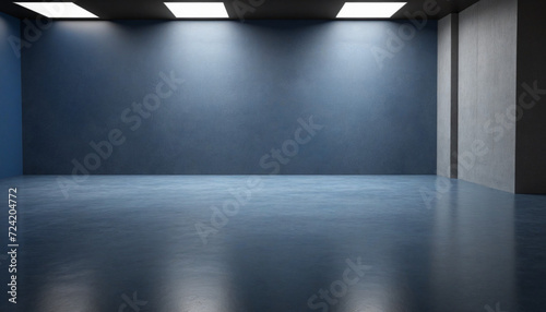 an empty studio background in deep blue hues, featuring a concrete floor with a perspective effect and a gentle blue soft light