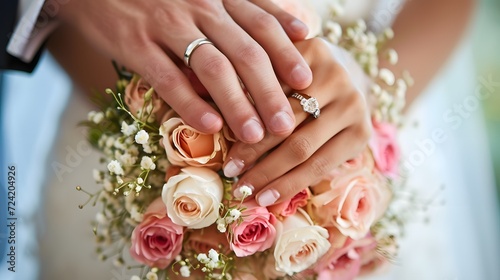 A couple hold hands showing the brides ring and a beautiful pink bouquet of flowers