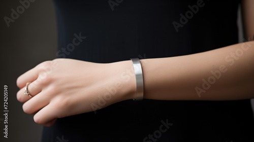 Close up of minimalist metal permanent jewelry wristband in a woman's wrist. photo