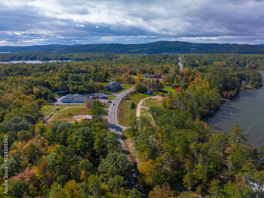 Whittier Highway aerial view in fall including with White Mountain at the background in town of Moultonborough, New Hampshire NH, USA. 
