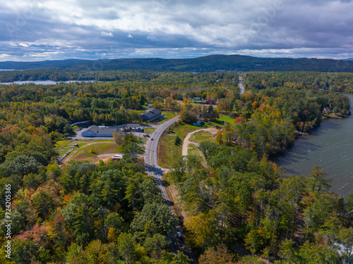 Whittier Highway aerial view in fall including with White Mountain at the background in town of Moultonborough  New Hampshire NH  USA. 