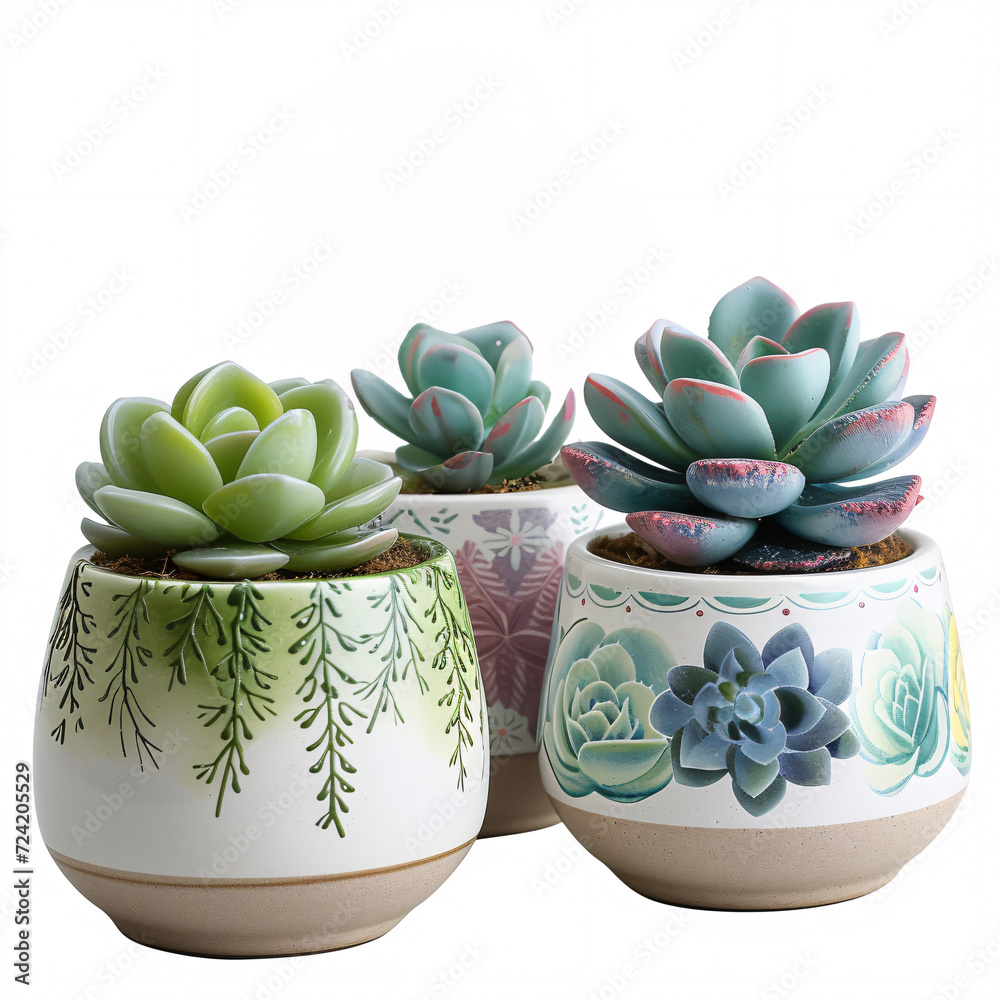 Desert Trio: A Collection of Cacti in Patterned Ceramic Pots Desert Trio: A Collection of Cacti in Patterned Ceramic Pots