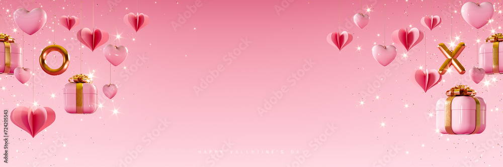 Valentine's Day greeting card design with hanging decoration and copy space in the middle. 3D Rendering, 3D Illustration Valentine's Day greeting card design with hanging decoration and copy space in the middle. 3D Rendering, 3D Illustration