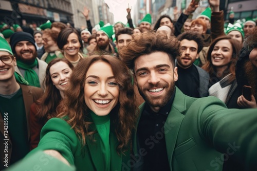 Group of young people perform St. Patrick day. Youth celebrating Saint Patrick's day posing outside on street make selfie posing, Wear green clothes, laughing, going to pub drink beer