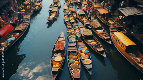 Beautiful image of popular Thailand landmark destination floating market on the calm river water. Sellers offering fruits and vegetables to locals and tourists. Exotic vacation and traveling concept photo