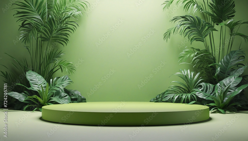 Nature 3D podium product platform, green jungle plant leaf background scene garden. Tropical beauty green cosmetic mockup podium platform for eco presentation. Generative AI illustration. Nature 3D podium product platform, green jungle plant leaf background scene garden. Tropical beauty green cosmetic mockup podium platform for eco presentation. Generative AI illustration.