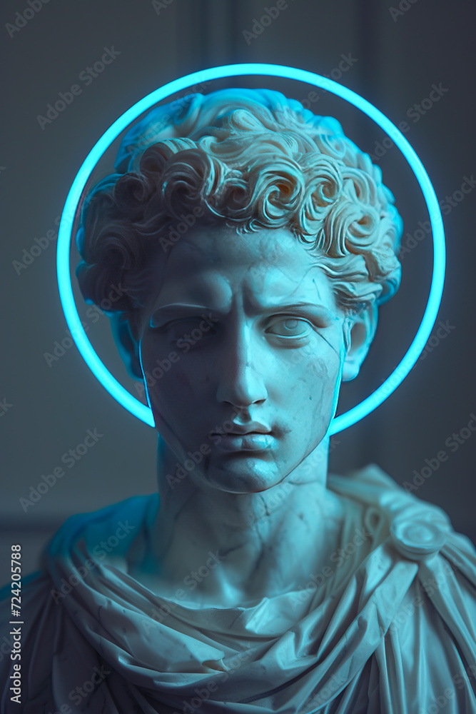 Obraz premium Neon Halo on Classical Sculpture Portrait created with Generative AI technology
