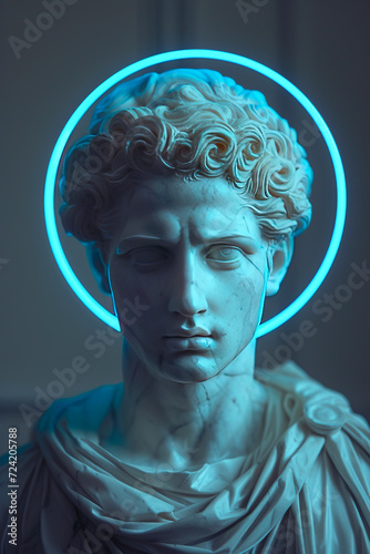 Neon Halo on Classical Sculpture Portrait created with Generative AI technology