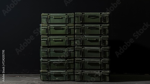 an army ammunition stack composed of green crates, meticulously arranged and isolated against a clean white background, portraying the precision and readiness of military logistics. photo