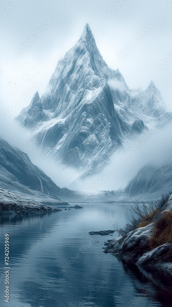 Majestic Snow-Capped Mountain Peak in Mist created with Generative AI technology