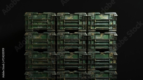 an army ammunition stack composed of green crates, meticulously arranged and isolated against a clean white background, portraying the precision and readiness of military logistics. photo