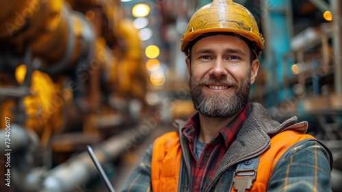 Cute Caucasian bearded construction worker with safety helmet on head