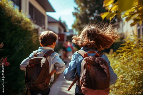 un bambino e una bambina con i loro zaini in spalla escono da scuola photo