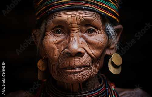 Close up portrait of beautifull aged old woman with sun and wind traces on a skin, deep wrinckles and sad eyes. Kayan group people mostly living in Myanmar in Southeast Asia.