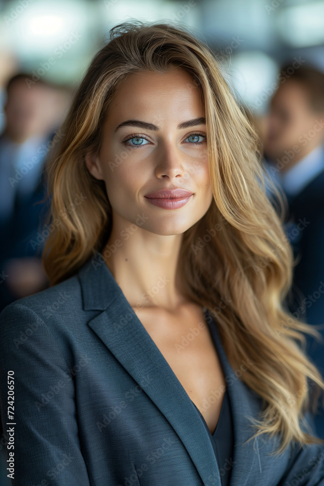Fototapeta premium Professional business woman's portrait, defining corporate leadership and success, within the framework of a teamwork concept..