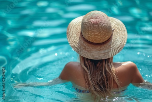 a picturesque scene of a young woman lounging in a pool