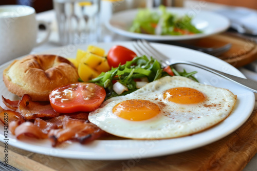 Healthy breakfast table scene with fruit, yogurts, oatmeal, smoothie, nutritious toasts and egg skillet. Top view over a wood background. eggs and bacon for healthy breakfast