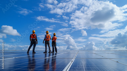 Three Workers Captured Along an Extensive Array of Solar Panels: Illustrating Renewable Energy Production Efforts