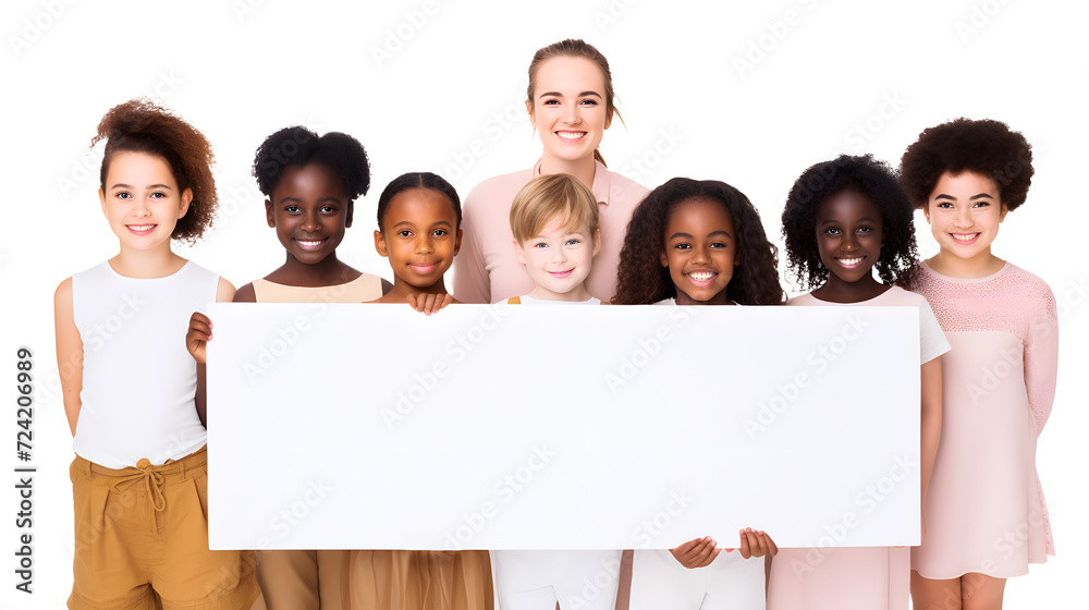 group of childs holding blank placard isolated against transparent background group of childs holding blank placard isolated against transparent background