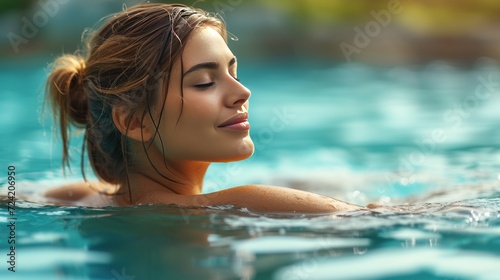 a picturesque scene of a young woman lounging in a pool © olegganko