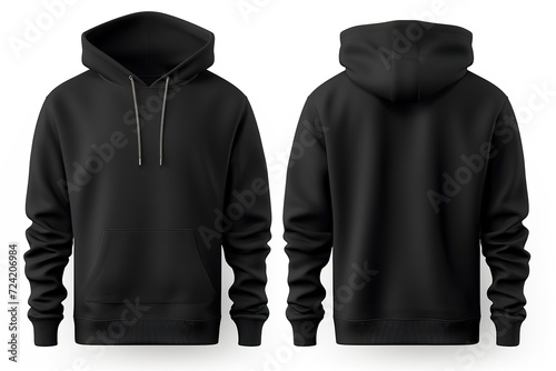 Back and front view of black sweatshirt with a hood blank mockup for fashion design