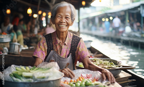 Beautiful aged Thailand woman in boat sincerely smiling at camera on river water floating market. She offers fruits and vegetables to locals and tourists. Local small business and traveling concept. © Soloviova Liudmyla