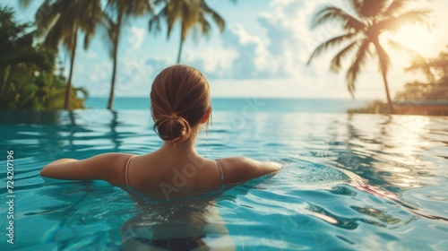 a picturesque scene of a young woman lounging in a pool