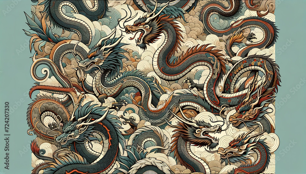 An intricate and captivating pattern composed of various dragons, intricately designed with different shapes, sizes, and colors