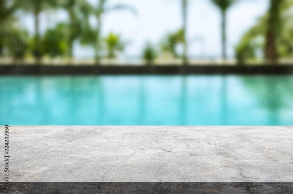 Table or surface with tropical swimming pool or beach in the background