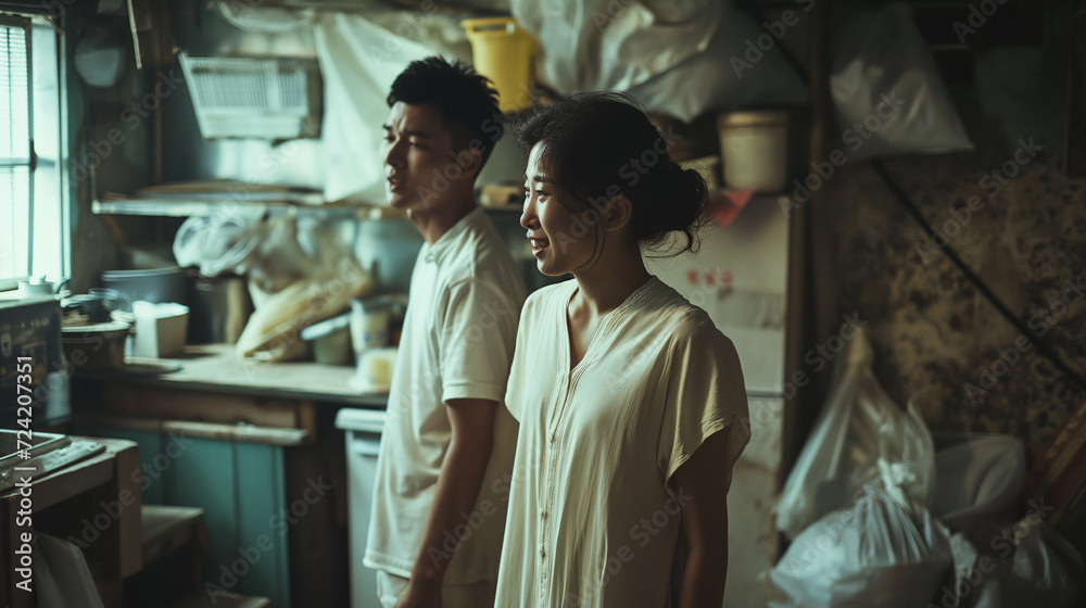 Happy Chinese Couple Amidst Dilapidated Surroundings Happy Chinese Couple Amidst Dilapidated Surroundings