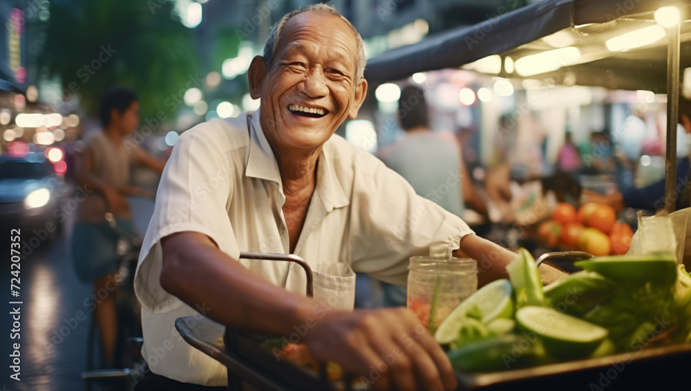 Beautiful aged Thailand old man sincerely smiling at camera on street food market. She offers fruits and vegetables to locals and tourists from biking cart. Local small business and traveling concept. - obrazy, fototapety, plakaty 