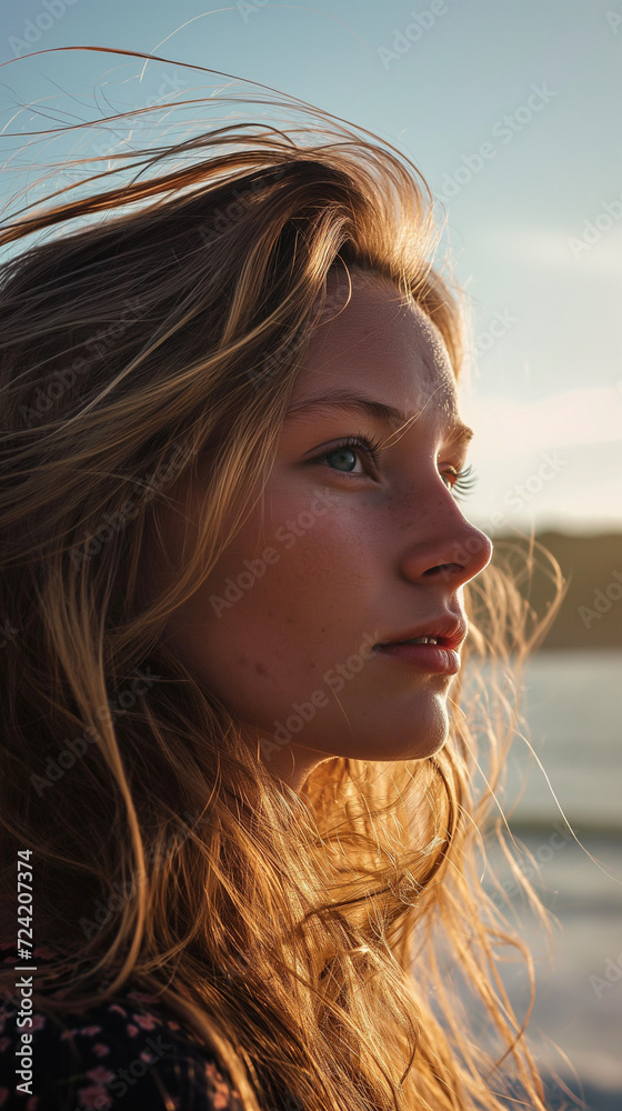Golden Glow, Stunning Close-Up of a Beautiful Girl by the Seashore, Bathed in Sunlight Golden Glow, Stunning Close-Up of a Beautiful Girl by the Seashore, Bathed in Sunlight