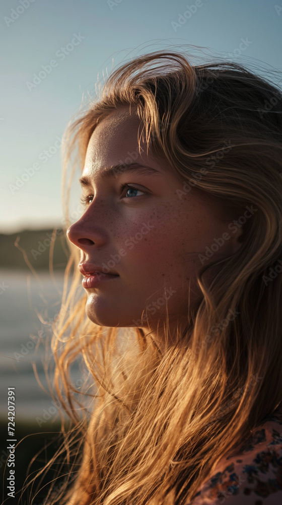 Golden Glow, Stunning Close-Up of a Beautiful Girl by the Seashore, Bathed in Sunlight Golden Glow, Stunning Close-Up of a Beautiful Girl by the Seashore, Bathed in Sunlight