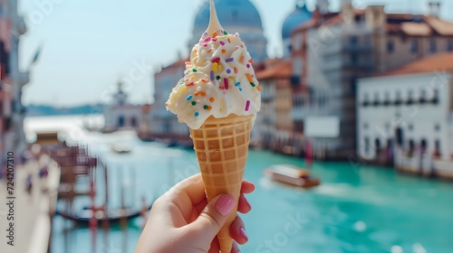 A hand holding a delicious gelato ice cream in front of the Grand Canal in Venice